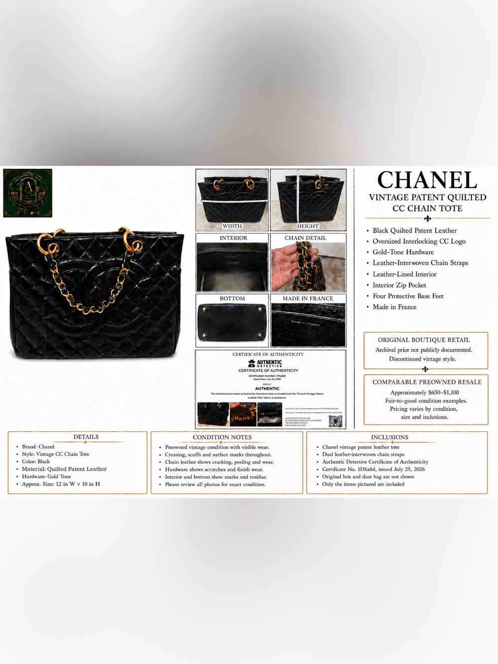 Vintage Chanel Black Patent Quilted CC Tote Gold Chain Shoulder Bag + COA